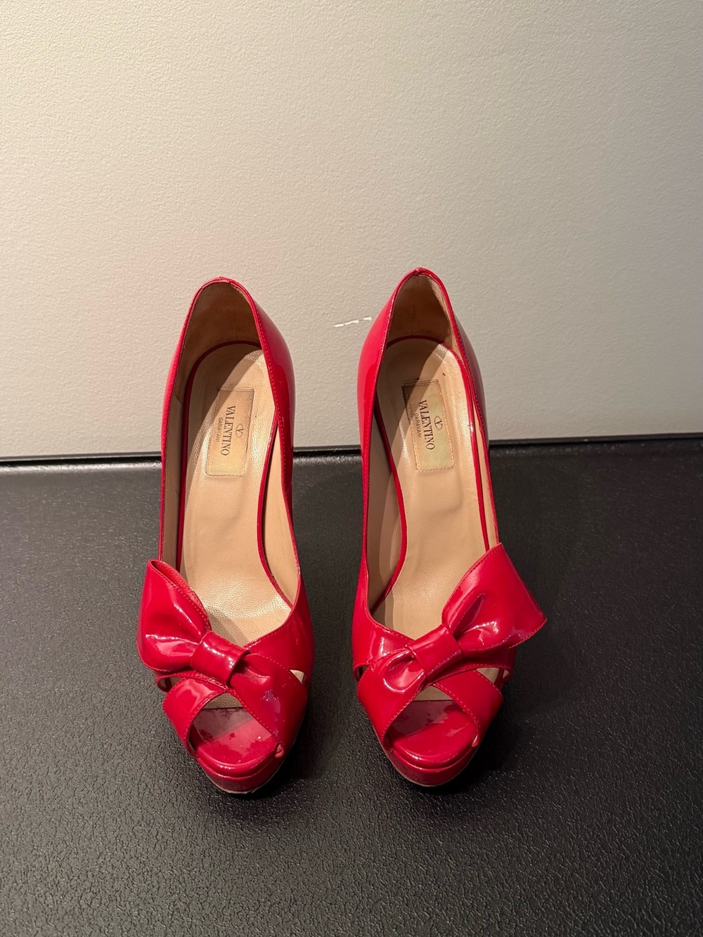 Valentino Red Patent Peep-Toe Bow Pumps